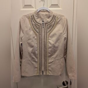 TanJay Cream Beige Sequin Women's Bead Embroidered Jacket Size 10